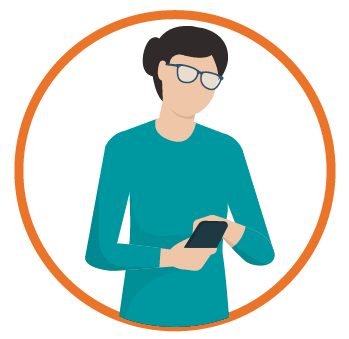 Circle graphic with an illustration of a woman holding a cell phone